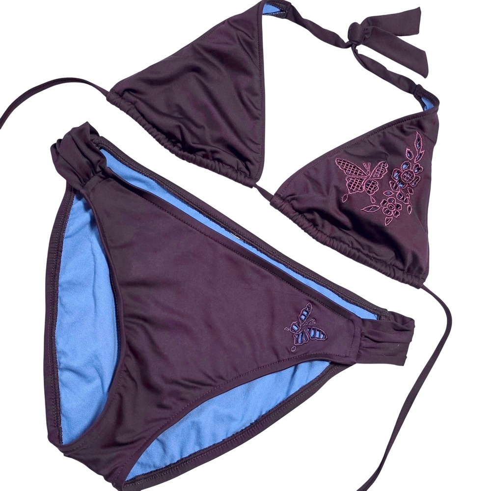Women Size M String Bikini Deep Plum Butterfly Detail Ruched Sides Swimsuit Set